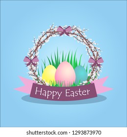 Three Easter eggs in yellow, blue and orange with drawings on a green background. Rabbit, chamomile flowers, clouds and sky on eggs. Easter cake and candles - flat vector illustration of eps10