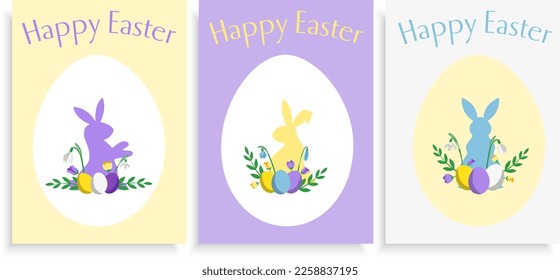 Three Easter greeting card templates with bunnies and spring flowers flat style pastel coloured
