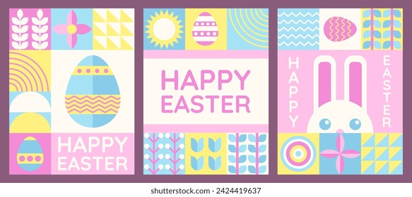 Three Easter holiday posters in flat graphic geometric style with traditional Easter symbols, rabbit, eggs and spring ornaments. Vector illustration.