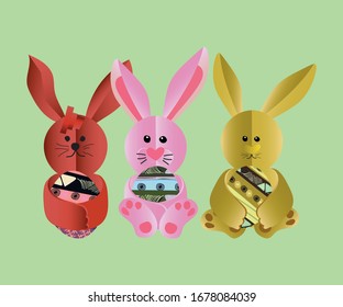 Three easter, paper rabbits. Easter painted eggs.