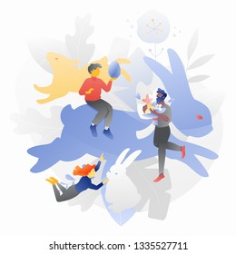 Three Easter rabbits silhouettes with tiny people around. Easter celebration metaphor. Modern flat design with gradients.