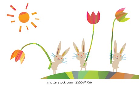three Easter rabbits with tulips in cartoon-style