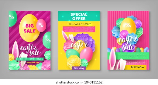 Three easter sale invitations. Flyers, special offer and limited weekly in pink and yellow colors with eggs, rabbit ears and flowers. Vector illustration