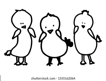 Three easter spring chicks. Vector doodle outline illustration isolated on white background. Hand drawing bird. Desing children textile, clothes, invitation, print t shirt, cup.