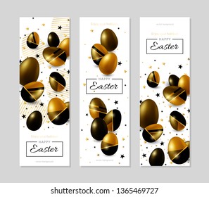 Three Easter vertical banners with realistic golden decorated eggs and stars. Easter card illustration on light background.