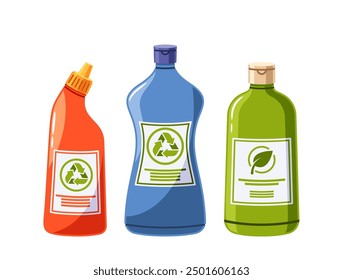 Three Eco-friendly Cleaning Product Bottles. Includes Green, Blue, And Orange Containers With Eco Symbols