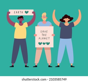 three ecologists characters protesting group