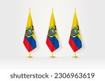 Three Ecuador flags in a row on a golden stand, illustration of press conference and other meetings. Vector illustration.