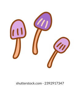 Three edible purple mushrooms on thin stalk. Colorful vector isolated illustration hand drawn doodle. Icon, print or card. Forest harvest. Element for magic with contour