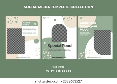 three Editable banner template design for healthy food post on instagram. Suitable for Social Media Post culinary digital Promotion. Vector illustration. Light brown and green background color shape.