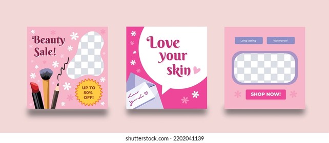 Tres conjuntos editables colección de publicaciones en medios sociales forma cuadrada de plantilla con niñas femeninas maquillaje belleza venta temática de fondo vectorial papel tapiz