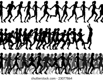 Three editable vector foregrounds of people running with all figures as separate elements