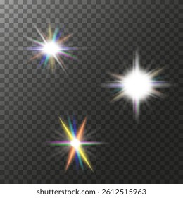 Three effects of sunlight, lens flare, star or light explosion on transparent background. Colors: white, yellow, orange, blue, green and purple. Suitable for adding shine, glow. Vector EPS10.
