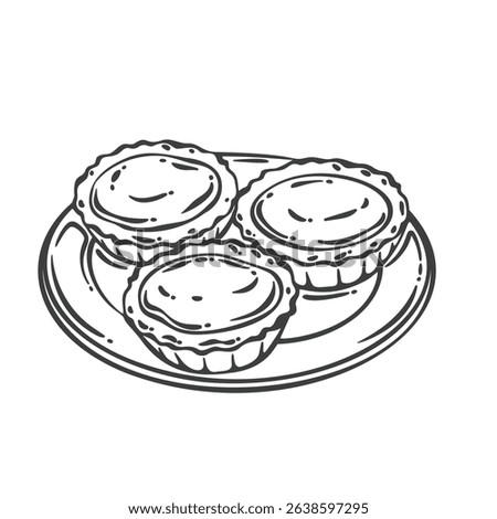 Three egg tarts with smooth custard filling on a round plate. Classic Cantonese pastry with flaky crust. Outline vector illustration in engraved style for bakery menu, packaging, or food blogs.