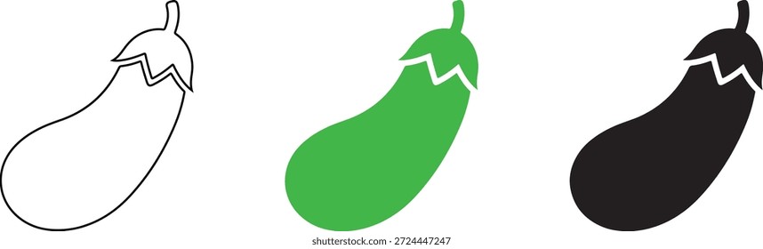 Ilustrações de três beringelas em preto branco e cores verdes