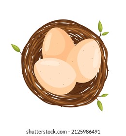 Three eggs in the bird nest. View from above. Vector illustration in flat cartoon style.