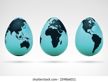three eggs decorated with world map image set vector illustration collection isolated on white background