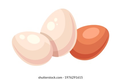 Three eggs with eggshell of differren colors on white background. Concept of fresh eggs on white background. Flat cartoon vector illustration
