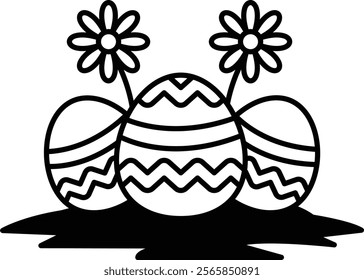 Three eggs with flowers on top of them. The eggs are white and the flowers are yellow. The image has a playful and whimsical mood