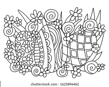 Three eggs in grass with flowers coloring page for adults and kids. Easter egg hunt graphic still life simple stock vector illustration. Black natural outline illustration on white background. 