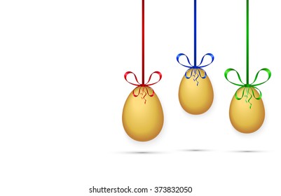 three eggs hanging on colored ribbons on white background, vector Easter`s decoration,