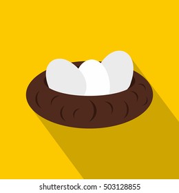 Three eggs in the nest icon. Flat illustration of three eggs in the nest vector icon for web isolated on yellow background