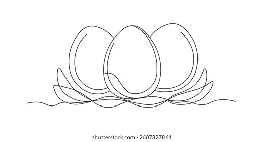 Three eggs on grass in art line style on white background. Easter eggs drawn with single line. Graphic element for Easter design.
