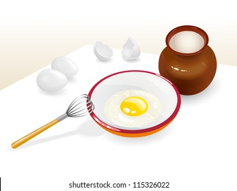 Three eggs and one from it is broken in the bowl  And milk in the clay jug