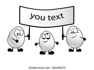 Three eggs with a placard in hands