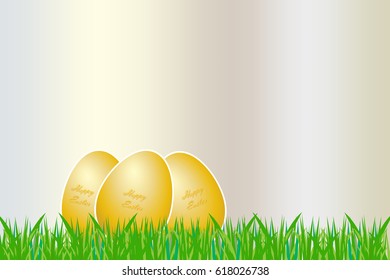 Three eggs with white borders and golden inscription Happy Easter are lying on the grass. 