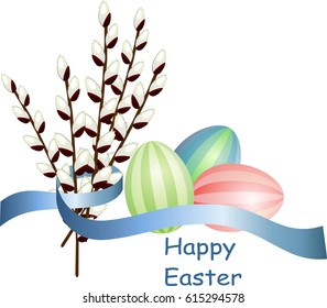 Three eggs and white willows,  happy easter