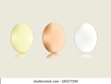 Three  eggs(brown, yellow, white) on gray background, vector illustration