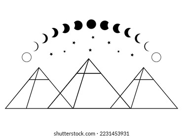 Three egypt ancient pyramid of giza are egyptian pharaoh tomb traingle outline with curve moon different phases or lunar phase and stars on white background vector design black icon.