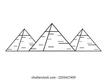 Tres antiguas pirámides egipcias de giza son la tumba del faraón egipcio sobre el diseño de iconos negros de la línea de fondo blanco.