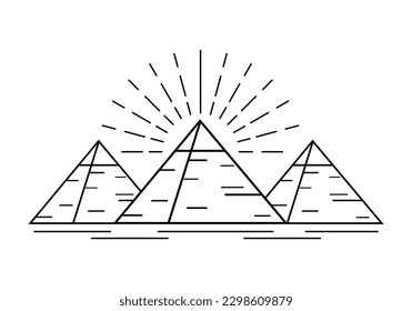 Tres antiguas pirámides egipcias de giza son la tumba del faraón egipcio con rayo de luz sobre el contorno de línea de fondo blanco vector diseño de icono negro.