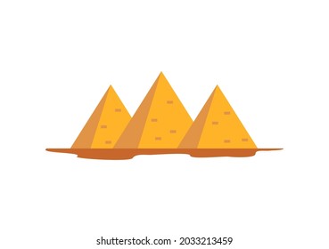 Three egyptian pyramids standing in row in desert, flat vector illustration isolated on white background. Egyptian ancient civilization symbol or emblem.