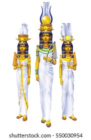 Three Egyptian queen dressed in white on a white background