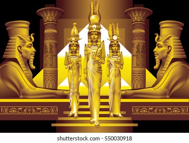 Three Egyptian queen and two sphinxes on a black background