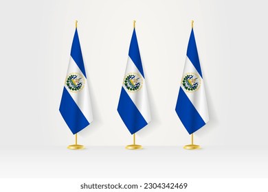 Three El Salvador flags in a row on a golden stand, illustration of press conference and other meetings. Vector illustration.