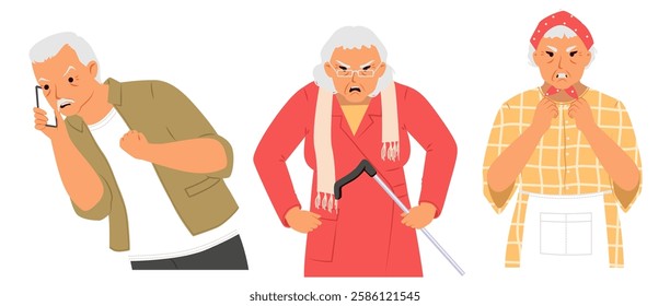 Three elderly characters display a range of emotions. One is angry on a phone call, another is frustrated with a cane, while the third appears annoyed with hands on her chin