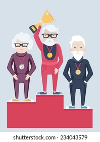 Three elderly grey-haired people standing on a winners podium with a senior bearded man in glasses holding up a gold trophy having been awarded as the champion, flat style vector illustration