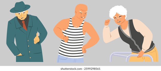 Three elderly individuals display various expressions of anger, with distinct outfits and postures, conveying a sense of frustration in a neutral, minimalist background.
