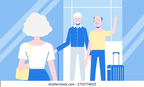 Three elderly people with crutch and luggage meet at the airport arrival hall, old friends waiting and gathering at terminal gate