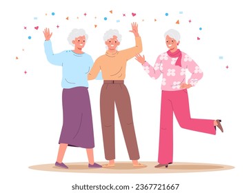 Three elderly women laugh and hug. Happy mature friends.   Elderly  girlfriends relaxing together enjoying happy old age, Adult persons meeting.