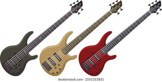 three electric bass guitars in different colors: black, gold, and red, each with four strings and a modern, sleek design