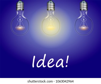 Three electric bulbs on blue background. One light is on. Idea concept. Vector illustration