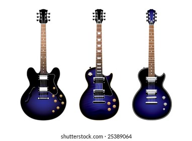 Three electric guitars on a white background