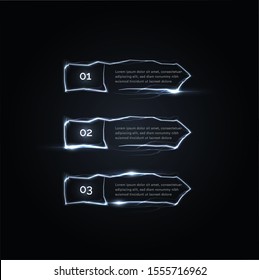 Three electric pulses or lightnings, steps vector buttons, arrows to the right. One of the options choice, sequence of actions. Infographic element on black background.
