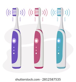 Three electric toothbrushes in purple, pink, and blue stand vertically. Sound waves emit from brush heads to show sonic cleaning technology. This set represents modern dental health and oral hygiene care.