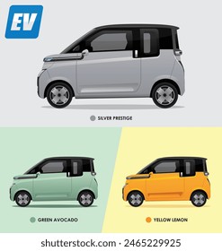 Tres vehículos eléctricos de Vector realista en diferentes colores para anuncios de coches eléctricos, campañas ecológicas y conceptos de transporte limpio 